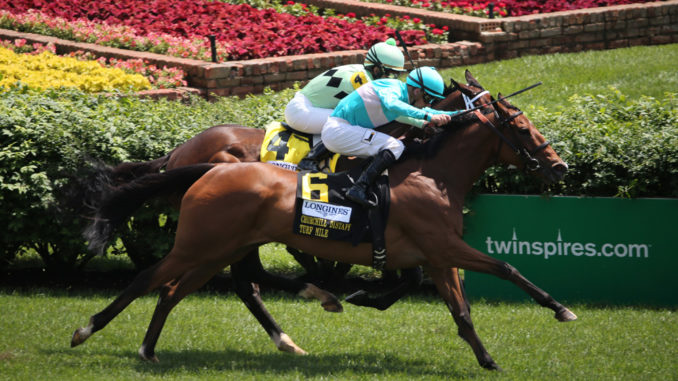 Roca Rojo with Florent Geroux up wins the Churchill Distaff Turf Mile at Churchill Downs