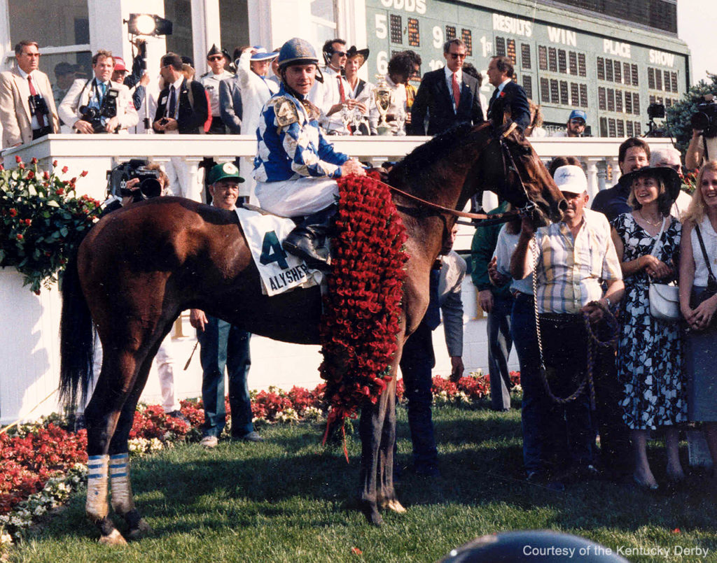 Alysheba wins the 1987 Kentucky Derby with jockey Chris McCarron