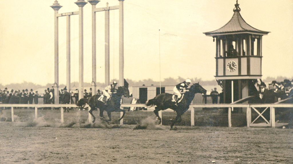 Flocarline winning, Restoration 2nd, in a stakes race.
(Keeneland Library - Hemment Collection)