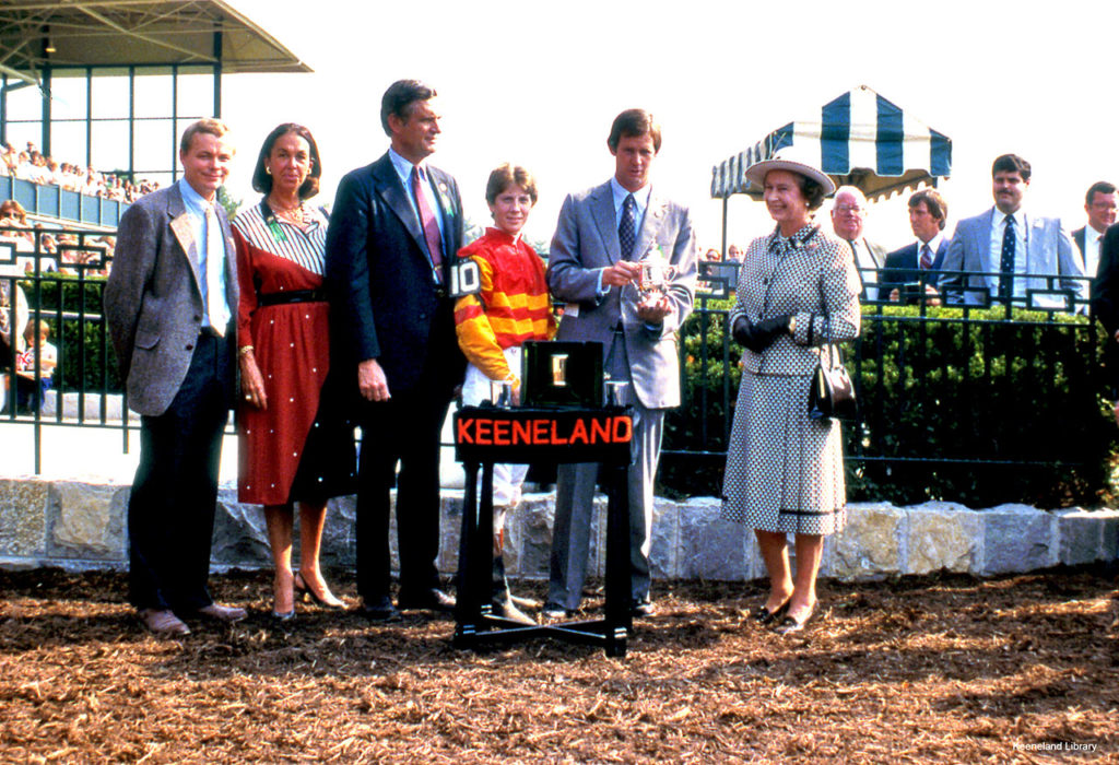 Queen Elizabeth II with Steve Penrod, Mrs. William Lickle and Keith & Seth Allen at Keeneland 1984
