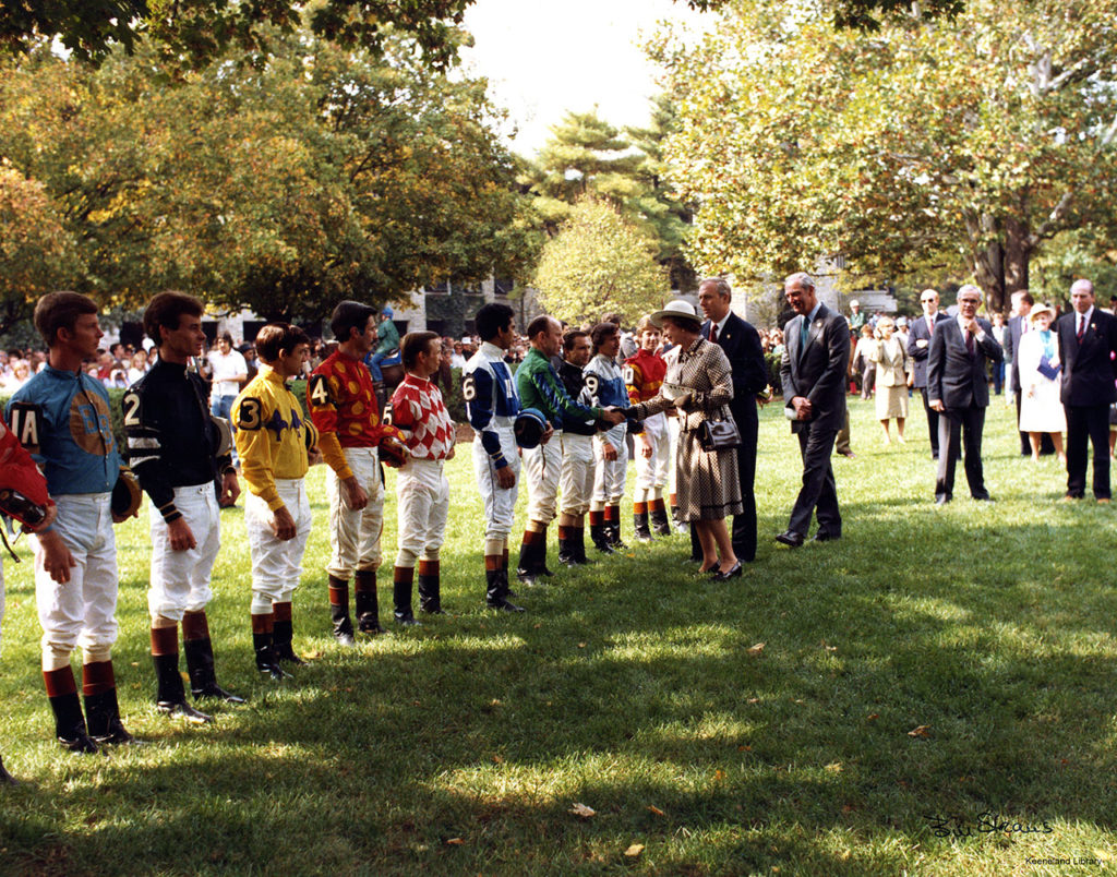 Queen Elizabeth II greeting jockeys at Keeneland 1984