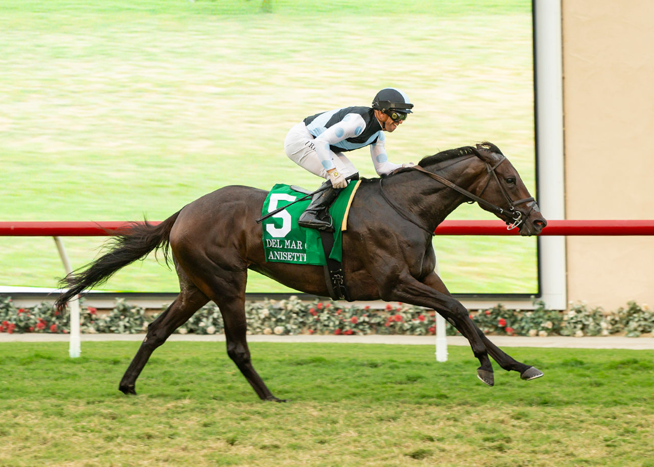 Anisette storms from last to first in Del Mar Oaks; Beholder's filly