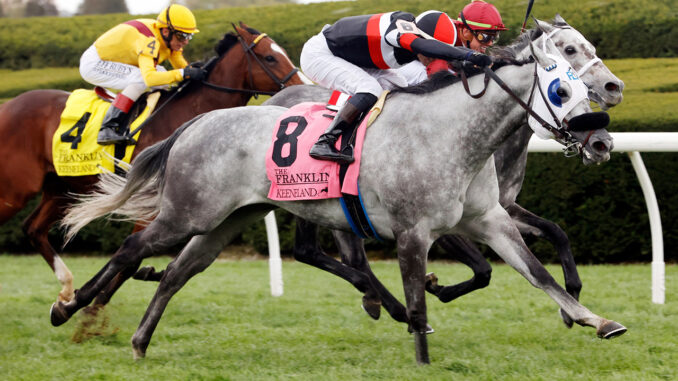 Tony Ann edging Caravel in the Franklin (G2) at Keeneland (Photo by Keeneland Photos)