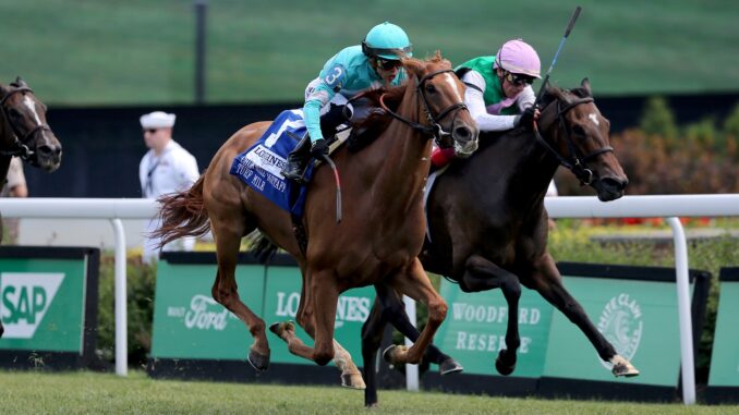 Chili Flag (outside) outduels stablemate Coppice to win the Churchill Distaff Turf Mile (G2) at Churchill Downs (Photo by Horsephotos.com)