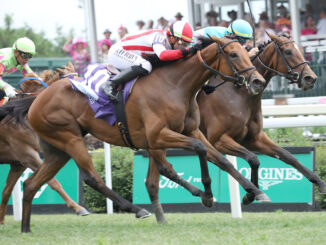 Dynamic Pricing (outside) winning the Edgewood (G2) at Churchill Downs (Photo by Horsephotos.com)